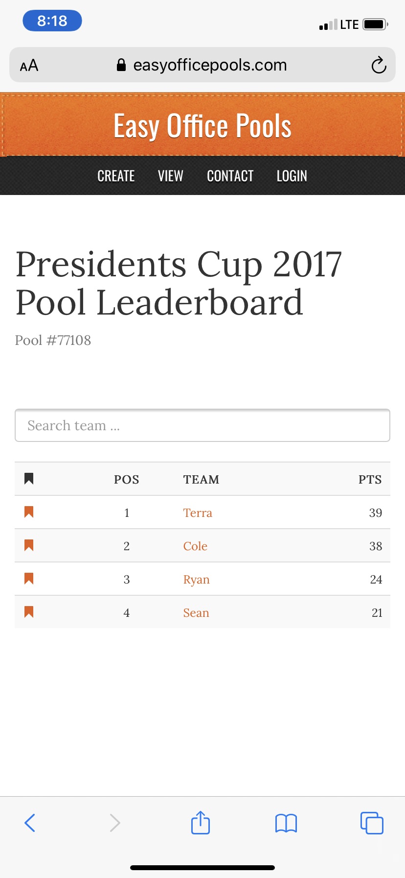 (1) Live Scoring Screenshot President's Cup Pool